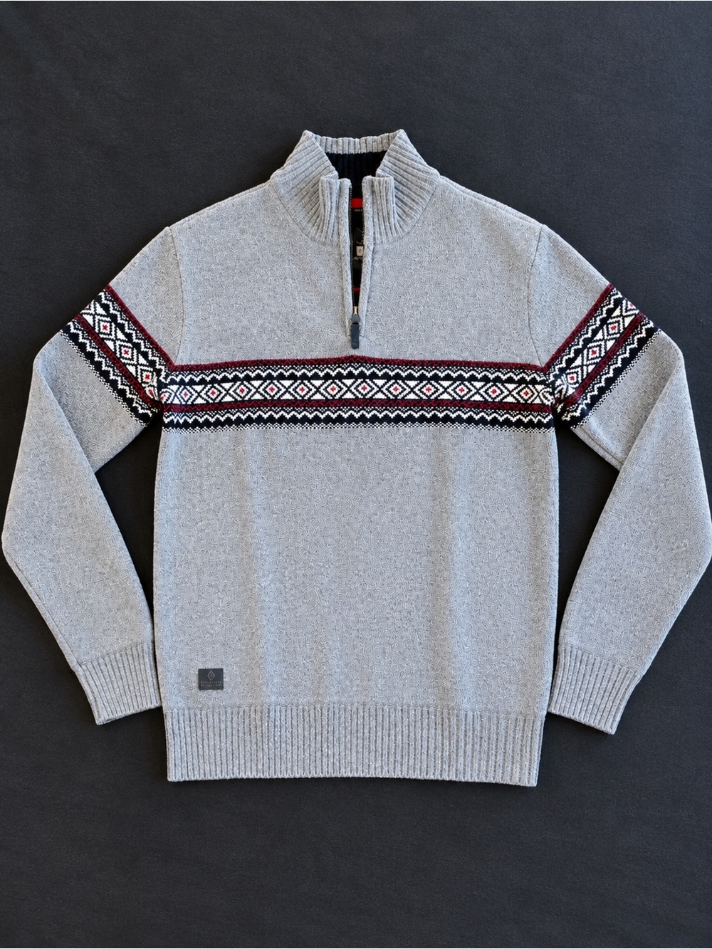 Point Zero Light Gray Half-Zip Sweater with Maroon Fair Isle